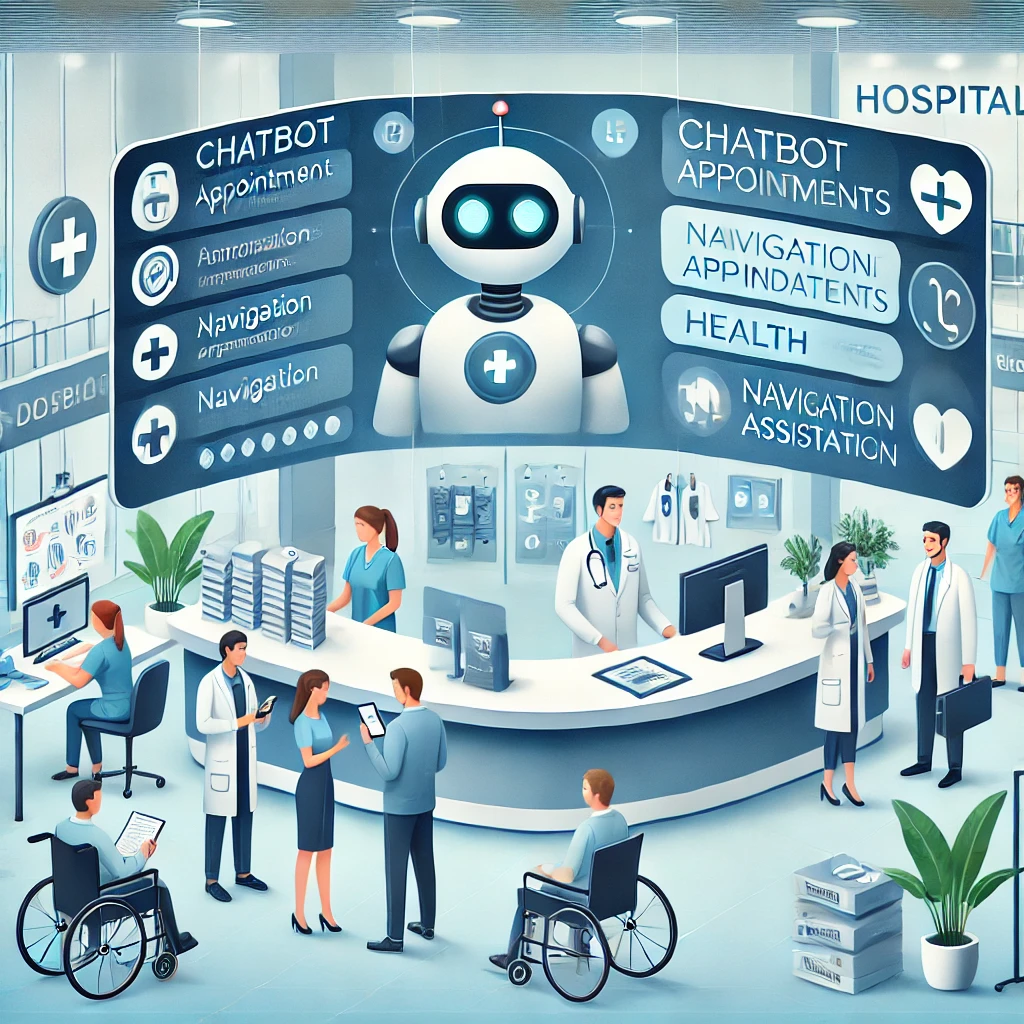 DALL·E 2024 12 27 20.25.00 A digital illustration showcasing the use of chatbots in medical centers and hospitals. The scene includes a modern hospital reception with patients i شات بوت المركز الطبي والمستشفيات